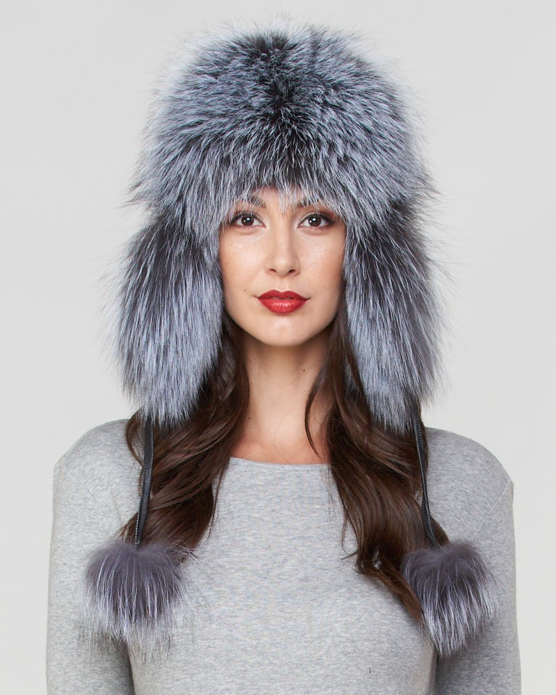 Womens Blue Fox Fur Excursion Trapper Hat with Pom Pom: FurHatWorld.com