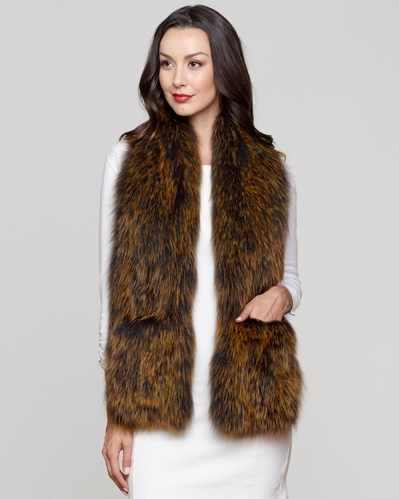 Zahra Wide Knit Fox Fur Scarf with Pockets in Gold Tipping
